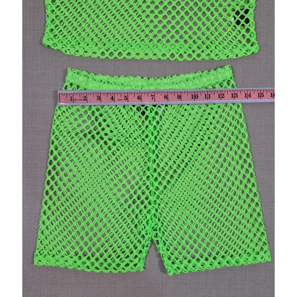 American Leisure Womens Neon Green Mesh Two Piece Set Crop Top Shorts Small NWT